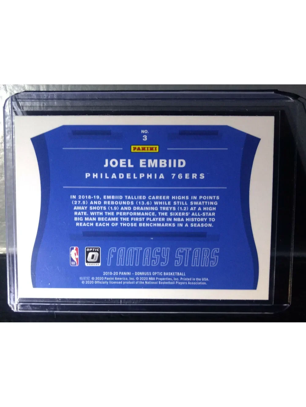 Joel Embiid 2019-20 Panini Donruss Optic Fantasy Stars #3 Basketball Card